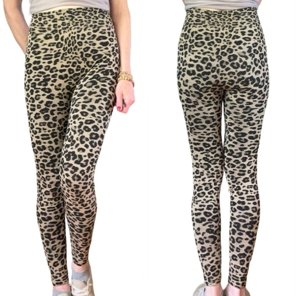 Britts Knits Tan Black Animal Print High Waist Leggings. Size Large - Picture 1 of 10